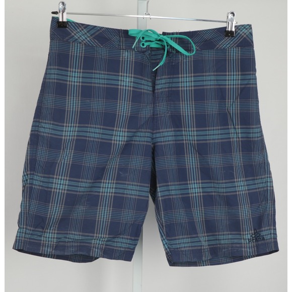Prana Board Shorts Mens 33 Blue Plaid Draw String Pockets - Picture 1 of 10